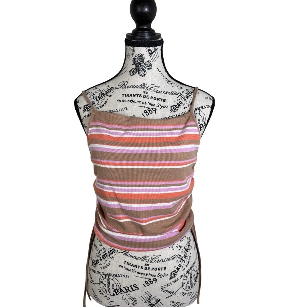 Aerie Women's Striped Crop Top Size L Pink Brown Sleeveless Tie Side Casual - Picture 2 of 8